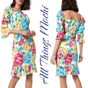 NWT ALL THINGS MOCHI Marianna Silk Smocked Bold Floral Ruffle Mini Dress, Small